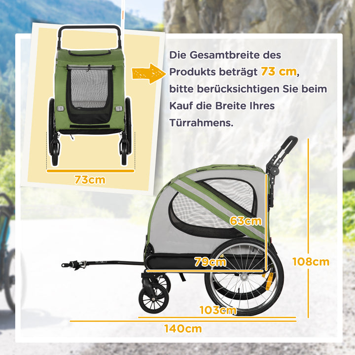 2-I-1 hundevogn, cykeltrailer til hunde, foldbar, vejrbestandig, til hunde op til 20 kg, grøn