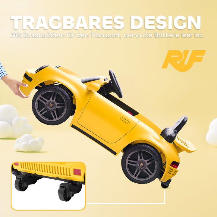 Børne elbil, 12V børnebil med fjernbetjening, softstart, MP3-afspiller, LED-lys, horn, energiindikator, gul