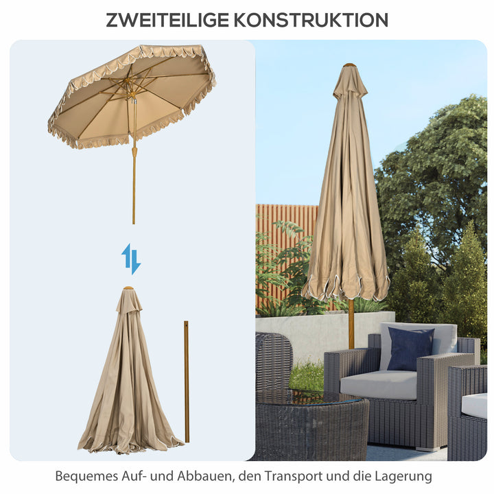 Parasol, med frynser, vipbar, med håndsving, stål+polyester, khaki, Ø264 x 240 cm
