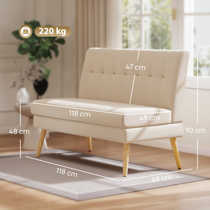2-personers sofa, tykpolstret ryglæn, træben, tyk polstring, linnedlook, til små rum, beige