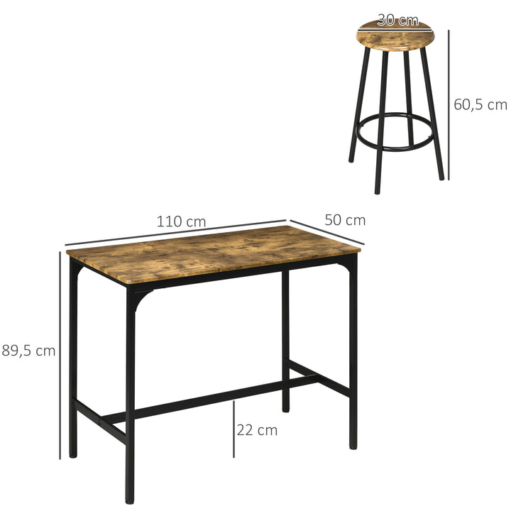 5-Delt barbordssæt i industrielt design, 1 barbord, 4 barstole, siddegruppe, køkkenbordplade, sort + brun