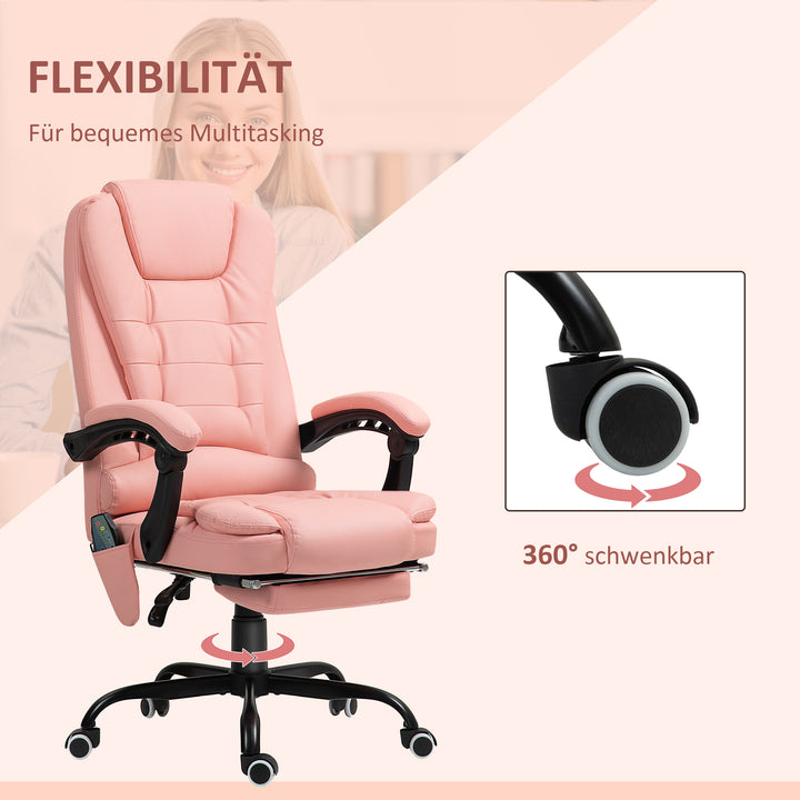 Massagekontorstol, 7 vibrationspunkter, justerbar fodstøtte og ryglæn, op til 120 kg, læderlook, pink