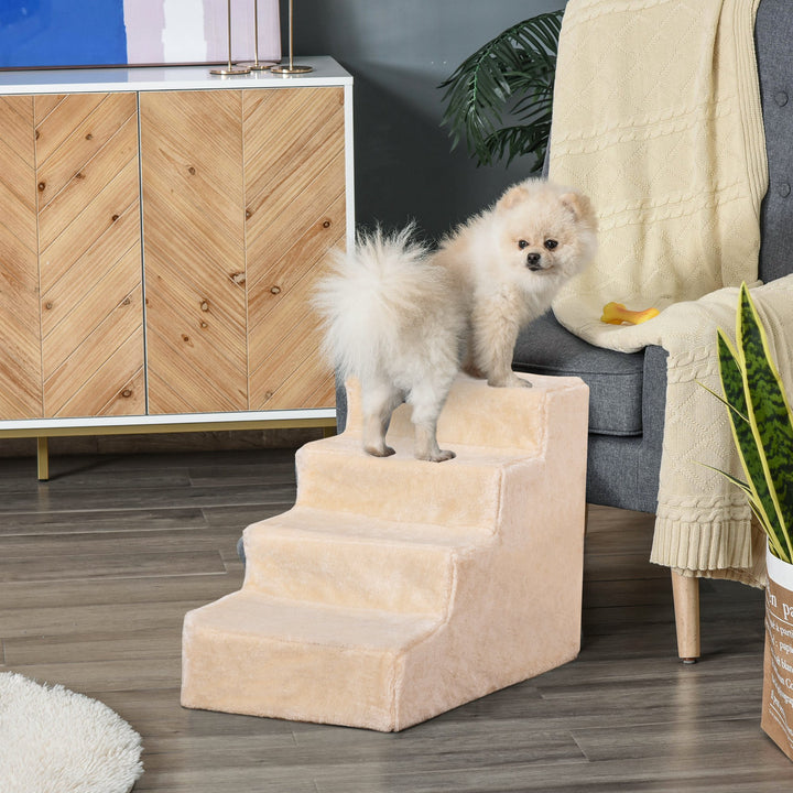 4-Trins hundetrappe, 35 cm kattetrappe til seng og sofa, kæledyrstrappe til hunde og katte op til 5 kg, plyslook, beige