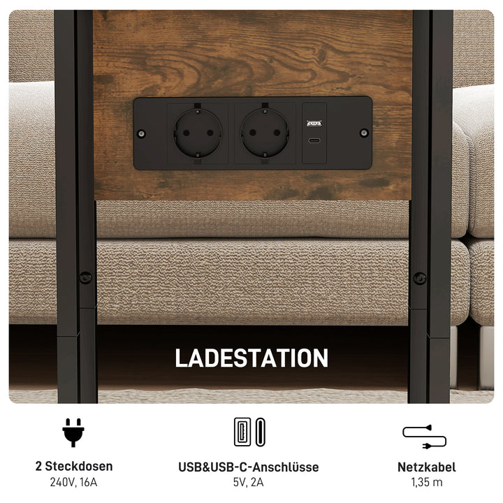 Sammenklappeligt sidebord, ladestation med USB-porte, metal, 39 x 29 x 57 cm, brun