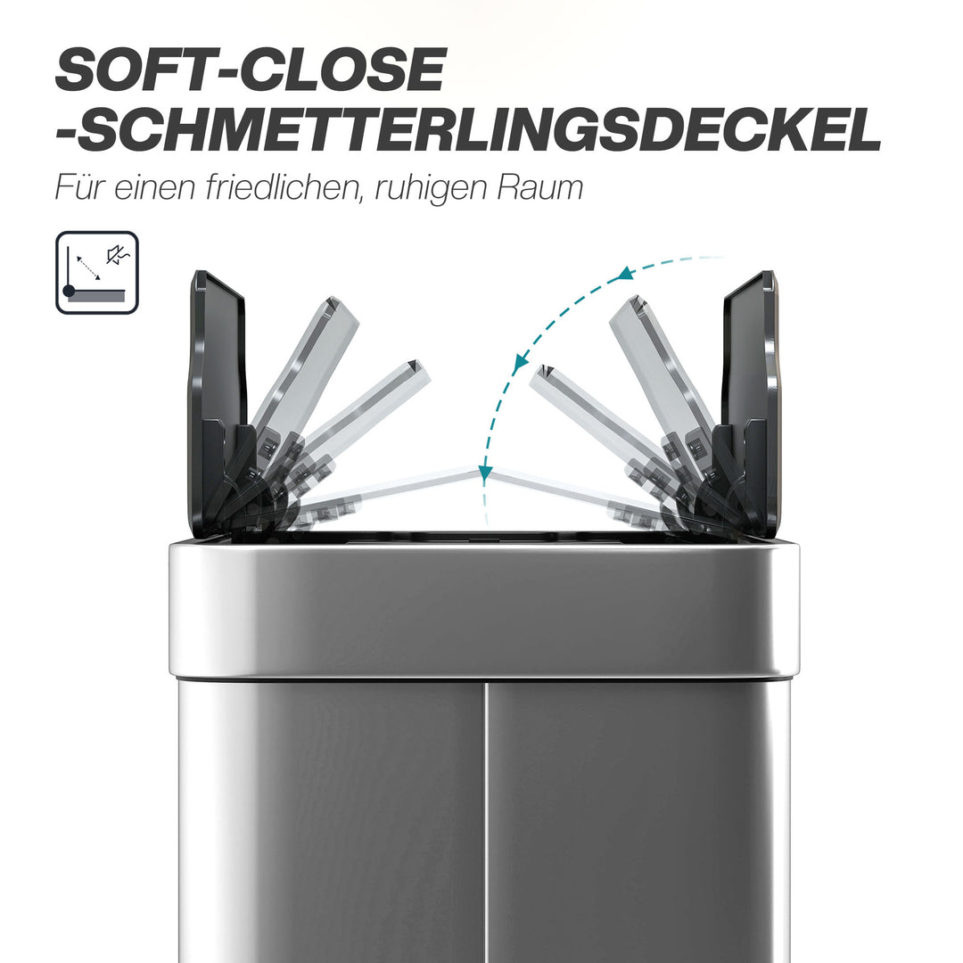 Sensorstyret skraldespand, 55 l kapacitet, sommerfuglelåg, åbner automatisk, rustfrit stål, sølv