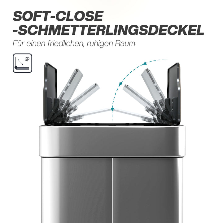 Sensorstyret skraldespand, 55 l kapacitet, sommerfuglelåg, åbner automatisk, rustfrit stål, sølv