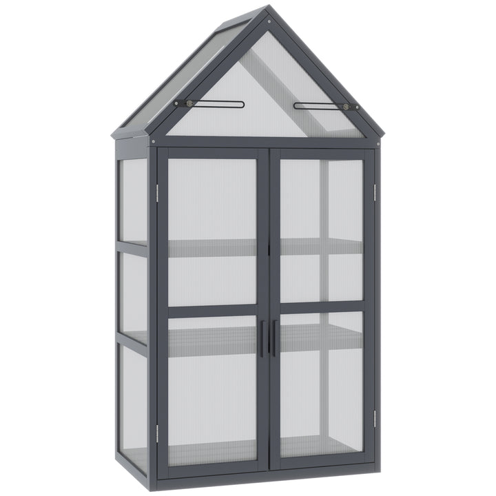 Mini-drivhus til koldt stel, 3 niveauer, drivhusplantebed med hængslet tag, dobbeltdøre, lavet af træ, polycarbonat, vejrbestandig, naturlig 70,5 x 42 x 132 cm