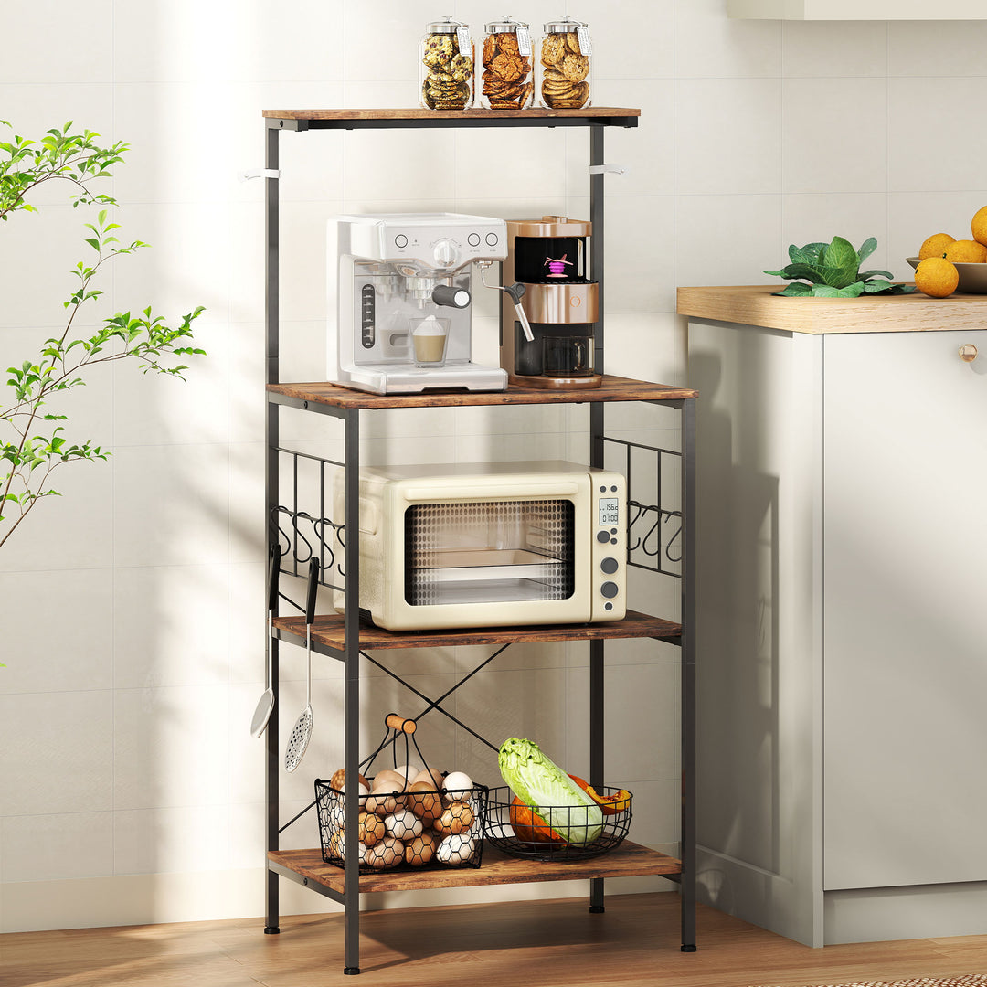 Køkkenhylde, 4-etagers design, bordplade, 8 kroge, metalrør, brun+sort