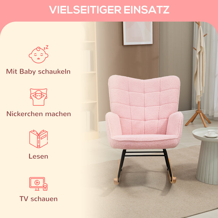 Retro gyngestol, massivt træ, lænestol, afslappende lænestol, 98 cm x 71 cm x 101 cm, lyserød