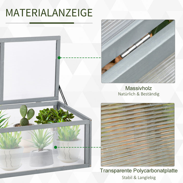 Koldramme-træ- og polycarbonatdrivhus 90 x 46 x 40 cm drivhus med overdækning vejrbestandig koldrammekasse til haveplantebed grå