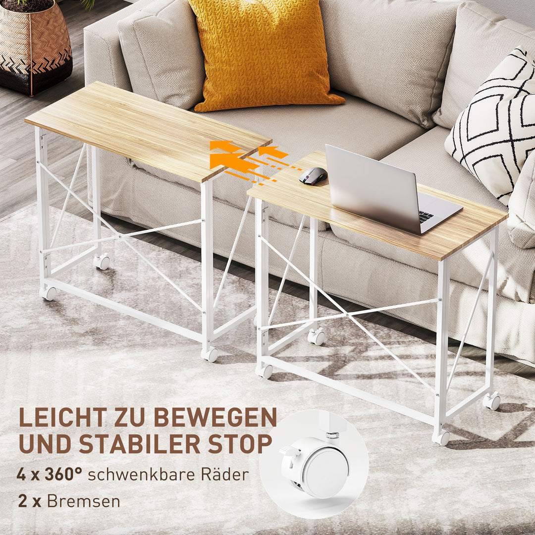 Foldbart skrivebord med hjul – pladsbesparende, 80x40x75 cm, natur/hvid