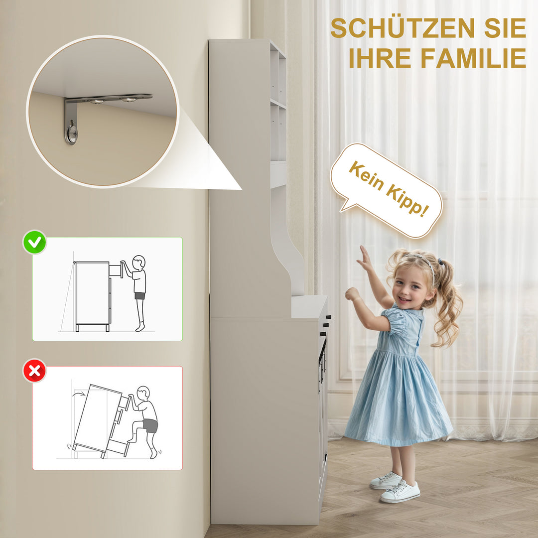 Køkkenskab med hylder, skabe, skuffer og opbevaringsplads, landlig stil, justerbare hylder, træ, hvid