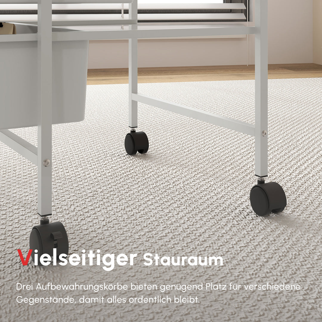 Sidebord med hjul, 3 kurve til transport og opbevaring, køkkenrulle, 40,8L x 33,5B x 60,5H cm, hvid