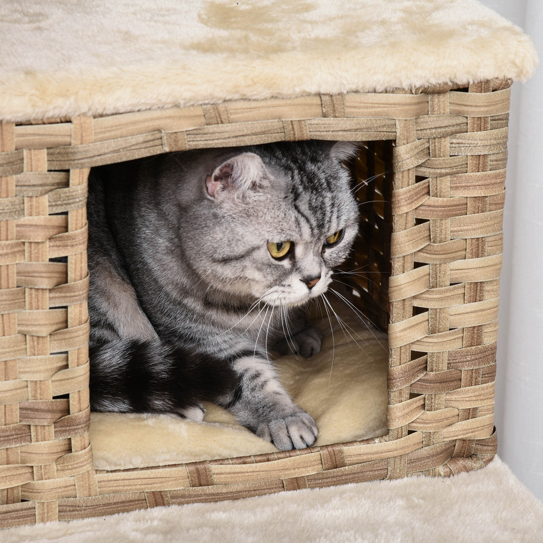 Rattan kradsetræ med kattehule kradsetræ i flere niveauer, klatretræ til katte, e1 mdf sisal, beige+brun, 55 x 55 x 174 cm