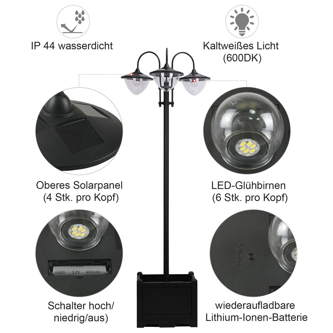 Solcelledrevet lanternegulvlampe lavet af metal, havelanterne med lysstyring, 189 cm høj, lanterne udendørslampe, vandtæt ip44 med urtepottefod til havebalkondekoration, sort