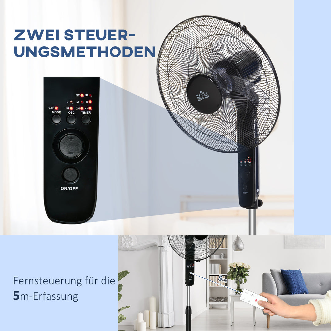 Sokkelventilator med fjernbetjening, højdejusterbar ventilator, 70° oscillerende ventilator, 3 hastighedsindstillinger, justerbar hældningsvinkel, 7,5 timer, Ø44,5 x 110-124 cm, sort