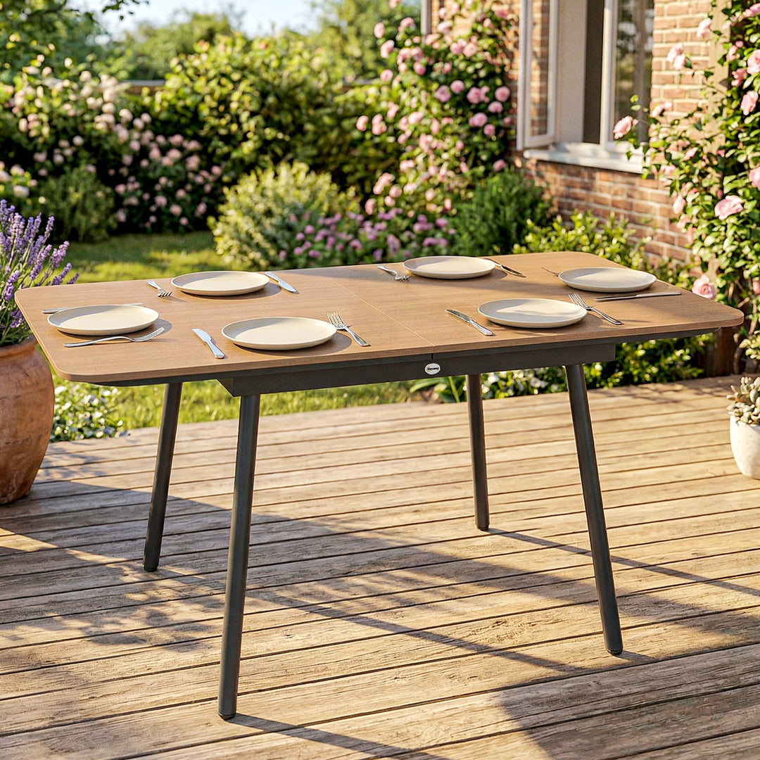 Havebord 140 x 80 cm til 6 personer, rustbestandigt udendørs spisebord med WPC-bordplade, justerbare fødder, teak