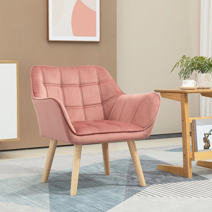 Polstret lænestol, accentstol, skandinavisk design, fløjlslook, op til 120 kg, ben i gummitræ, pink