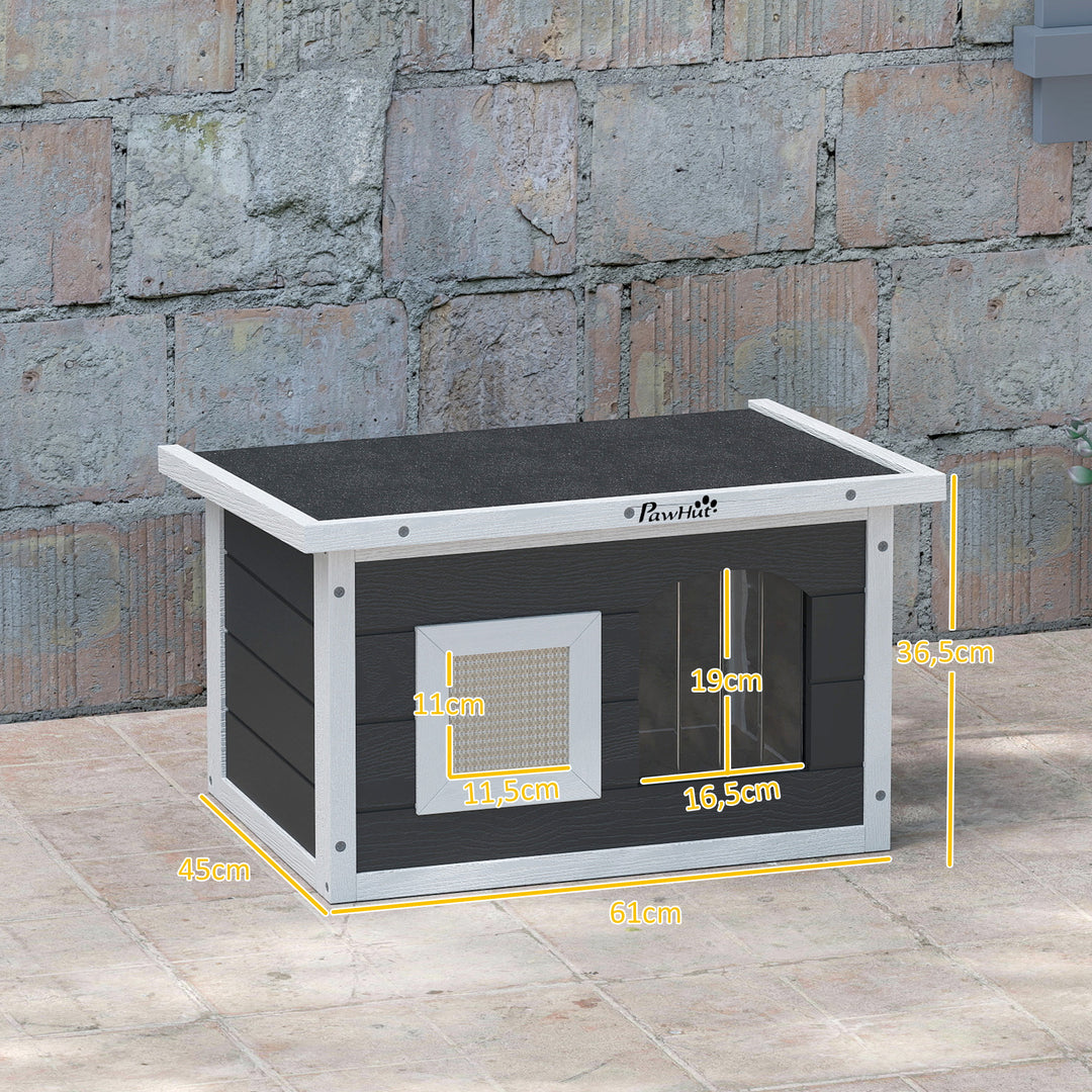 Kattehus, tilflugtssted for katte og kaniner, træhus med kradsemåtte, dørklap, 61 x 45 x 36,5 cm, grå