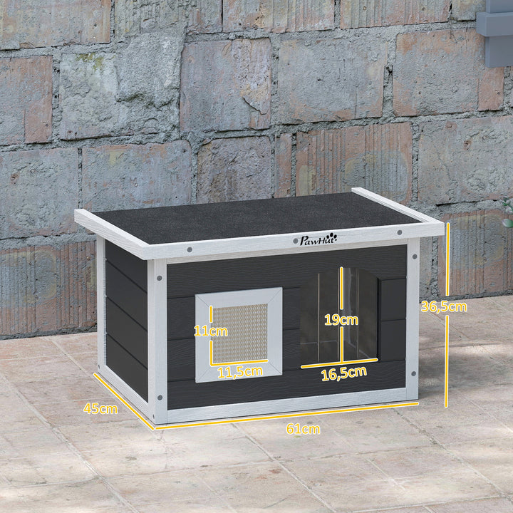 Kattehus, tilflugtssted for katte og kaniner, træhus med kradsemåtte, dørklap, 61 x 45 x 36,5 cm, grå