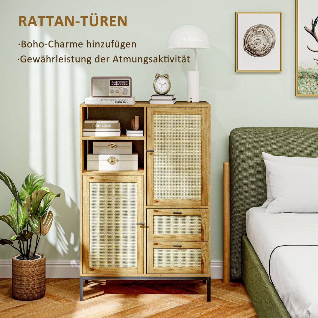 Opbevaringsskab, fleksibel kommode med rottingdøre, skuffer og justerbare hylder, 80b x 40d x 120h cm