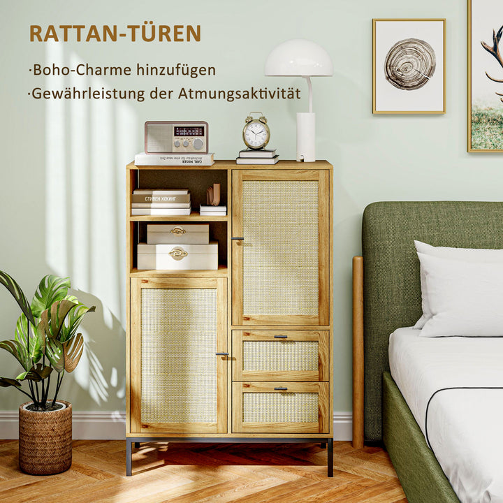 Opbevaringsskab, fleksibel kommode med rottingdøre, skuffer og justerbare hylder, 80b x 40d x 120h cm