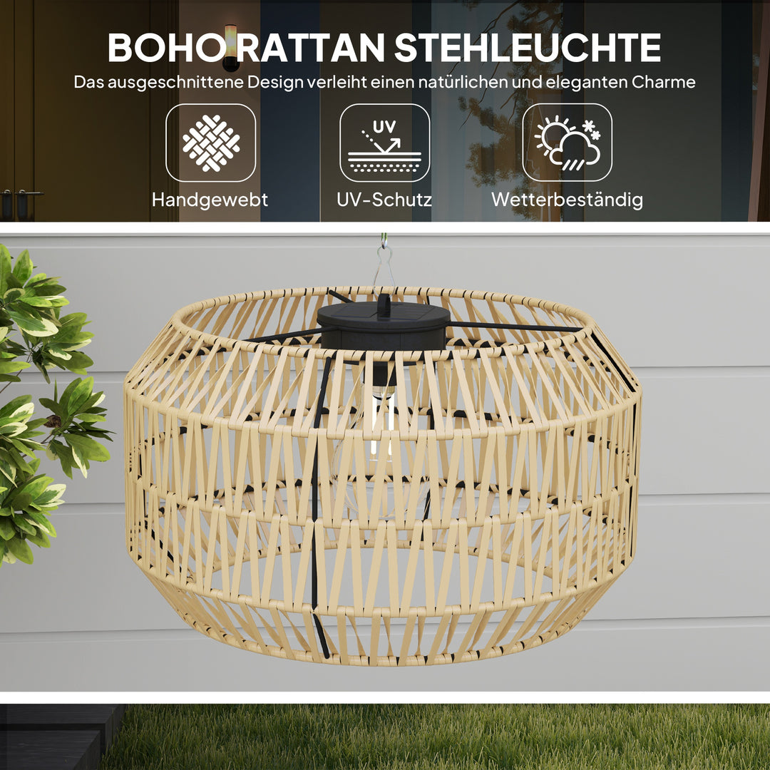 Solcellegulvlampe, rottingstil, solcellelamper med lyssensor, automatisk solcellelys i boho-stil, IP44, sort+gul