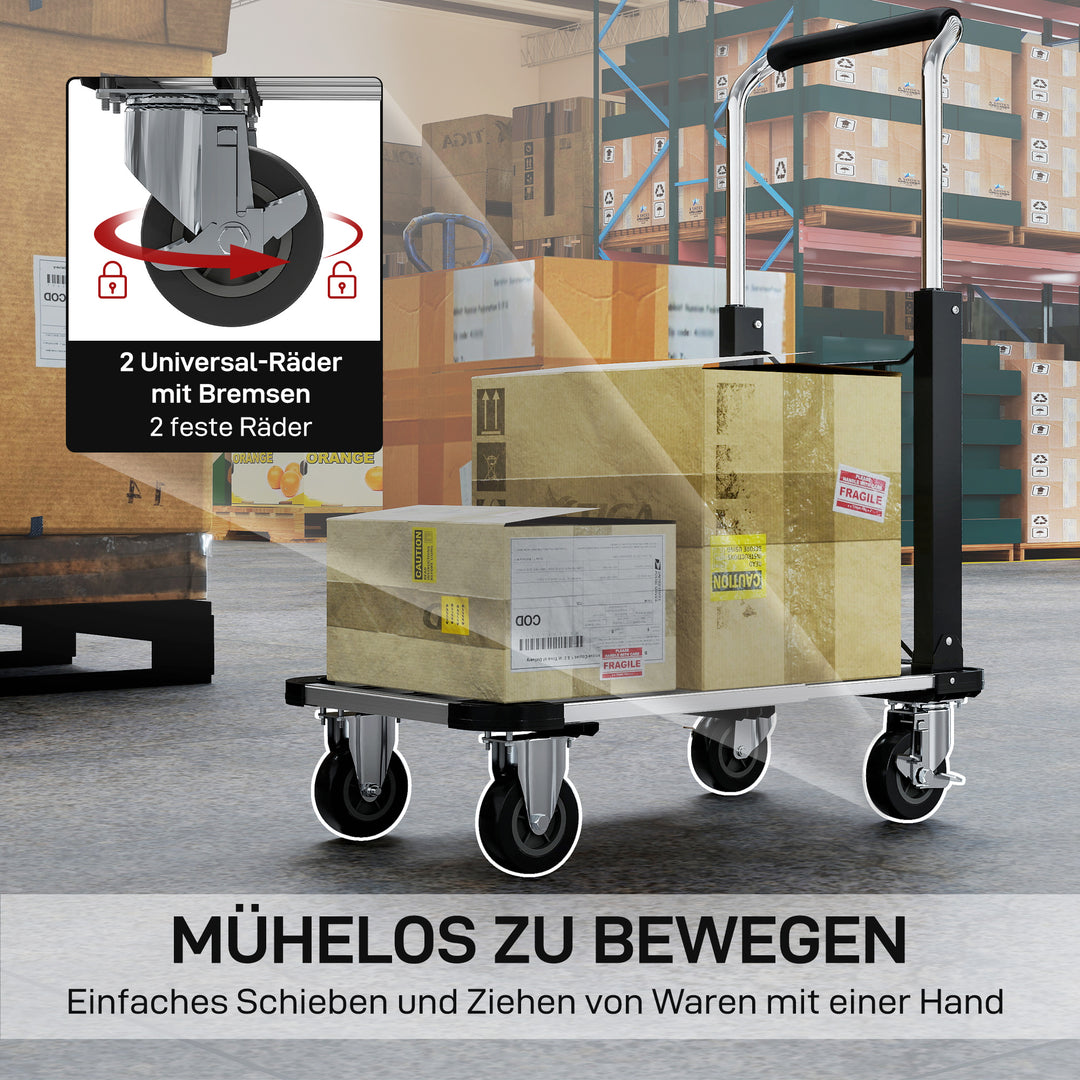 Sammenklappelig sækkevogn, 150 kg lasteevne, udvidelig platform, højdejusterbart håndtag, til kasser, metal, sort