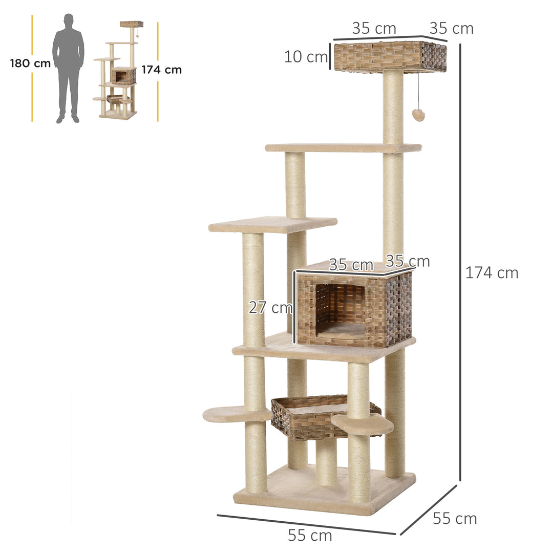 Rattan kradsetræ med kattehule kradsetræ i flere niveauer, klatretræ til katte, e1 mdf sisal, beige+brun, 55 x 55 x 174 cm