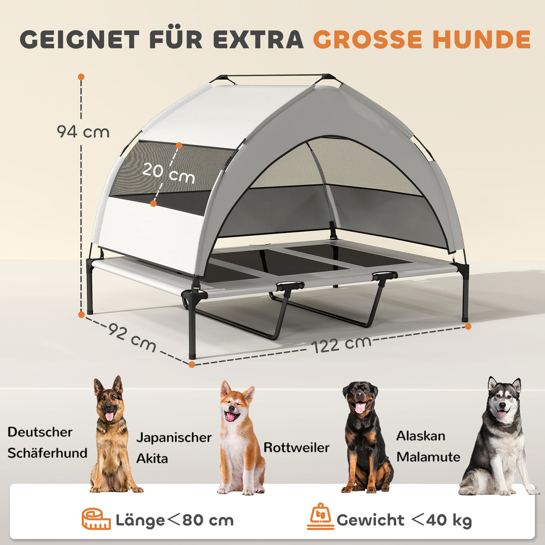 Udendørs hundeseng med tag, hævet hundeseng til ekstra store hunde, med stålramme, 122x92x94cm, lysegrå