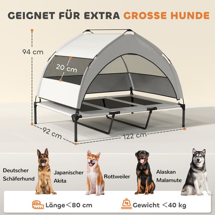 Udendørs hundeseng med tag, hævet hundeseng til ekstra store hunde, med stålramme, 122x92x94cm, lysegrå