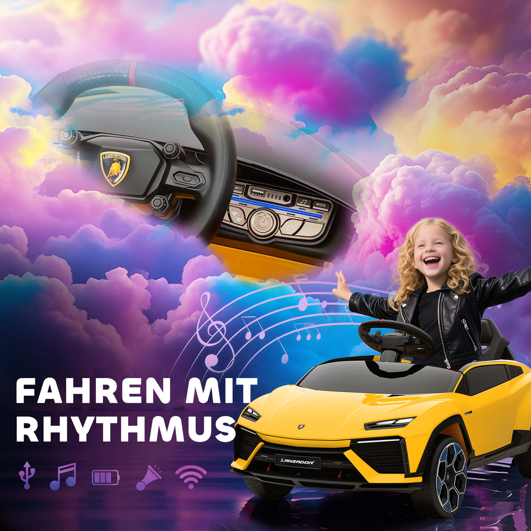Børne elbil, 12V, med 2,4 GHz fjernbetjening, 2 motorer, horn, LED-lys, musik, 101,5 x 49 x 43 cm, gul