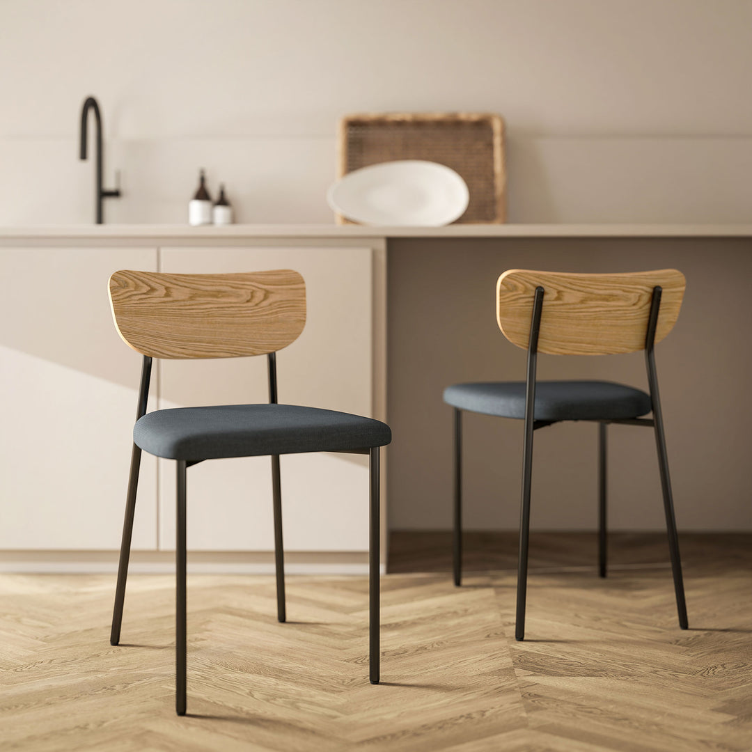 Sæt med 2 spisestole, linnedlook, armløs design, metalben, grå