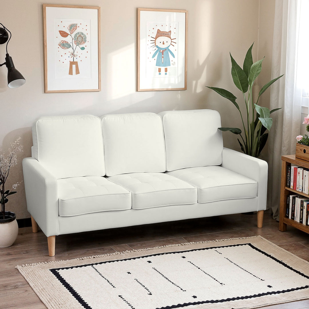 3-personers sofa med tykke hynder, gummitræ, stofbetræk, polstret sofa til stue, kontor, soveværelse, cremehvid