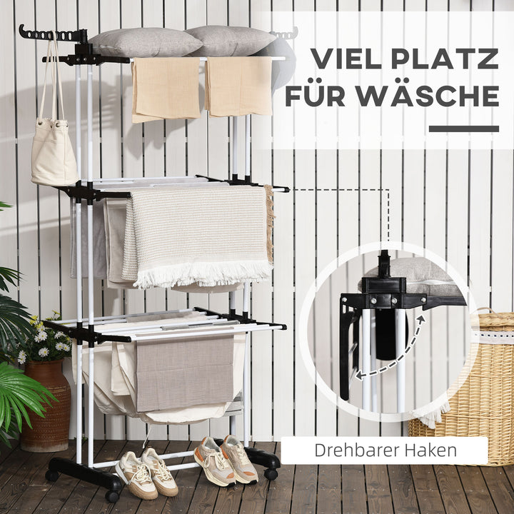 Tørrestativ, 4 niveauer, foldbar, 4 hjul med 2 bremser, metalramme, sort, 73 x 64 x 177 cm