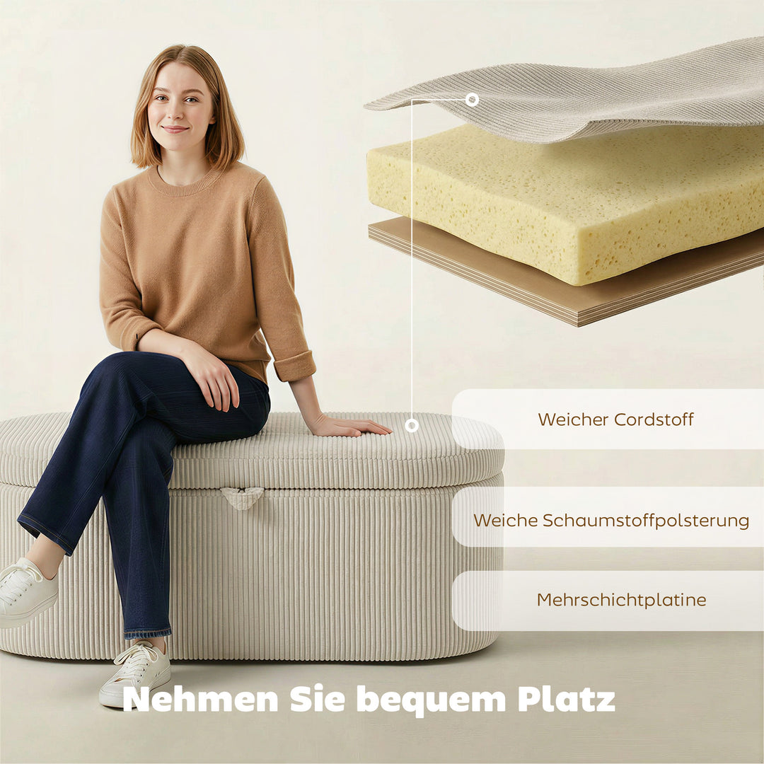 Puf med opbevaring, fløjlspolstring med polstret sæde, bænk ved foden af sengen, 105 x 51 x 49 cm, beige