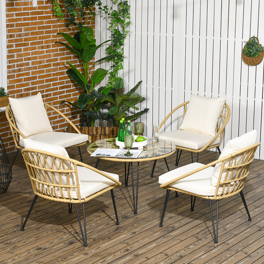 Havemøbelsæt med 5 dele, bohemestil, 1 spisebord og 4 stole, hynder, polyrattan, beige/natur