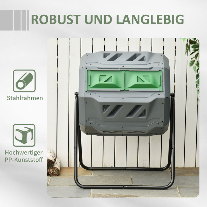 Kompostbeholder med 2 beholdere, 160 l kapacitet, roterbar, 71 cm x 65 cm x 96 cm, grå + grøn + sort