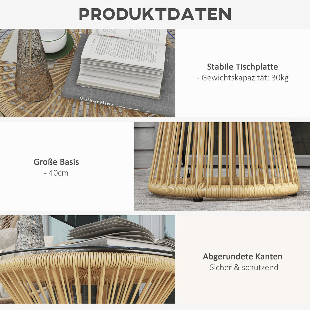 Udendørs sidebord, havebord, rattan sidebord, glasplade, PE-rattan, 40 cm x 40 cm x 42 cm, beige