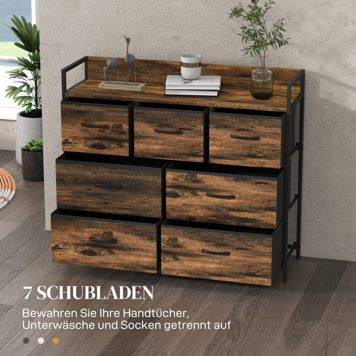 Kommode, skænk med 7 stofskuffer, industrielt design, stålstel, 98 x 29 x 85 cm, brun/sort