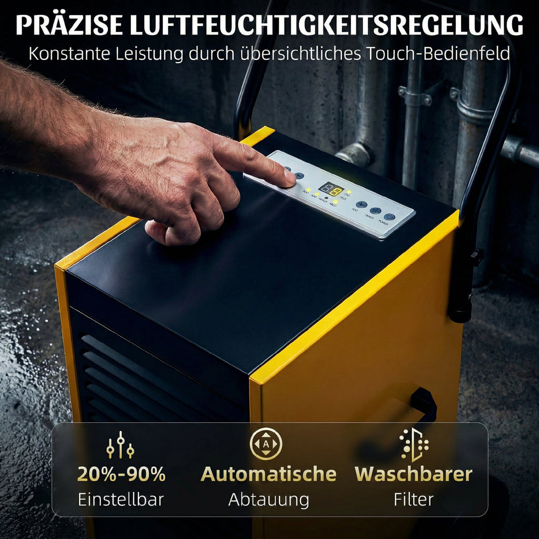 Kommerciel affugter 70L/dag med hjul og håndtag, kontinuerlig afløbsslange, 24-timers timer, 5,5L tank, gul