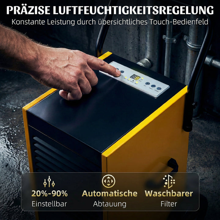 Kommerciel affugter 70L/dag med hjul og håndtag, kontinuerlig afløbsslange, 24-timers timer, 5,5L tank, gul