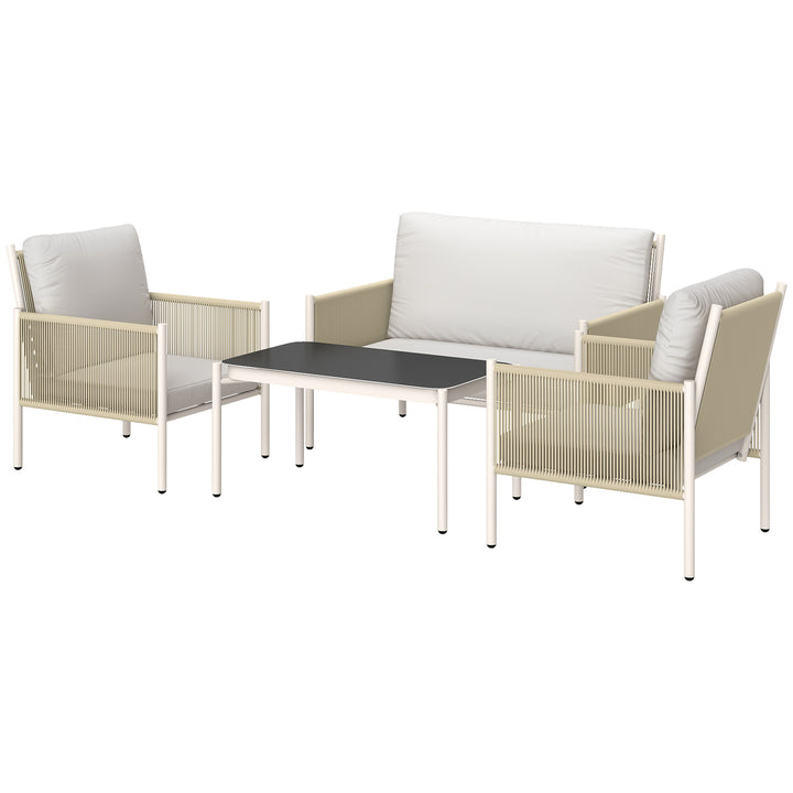 Havemøbelsæt af polyrattan loungesæt med 2-personers sofa, lænestol, glasbord, hynder til 4 personer, brun + grå