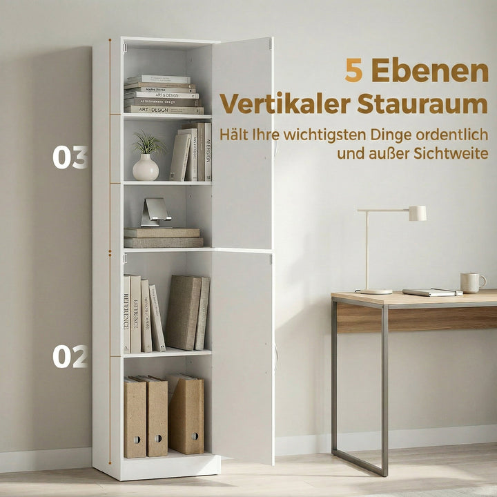 180 cm høj bogreol, moderne 5-etagers hylde med justerbare hylder, fritstående opbevaringsskab, hvid