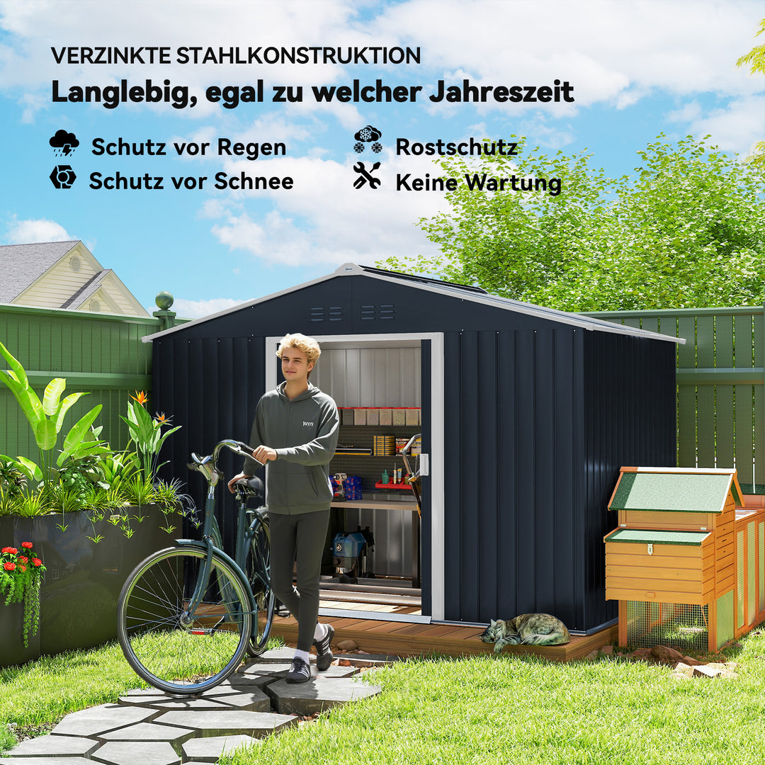 Metalhaveskur med skydedøre og ventilationsvinduer, 277 x 195 x 192 cm, mørkegrå