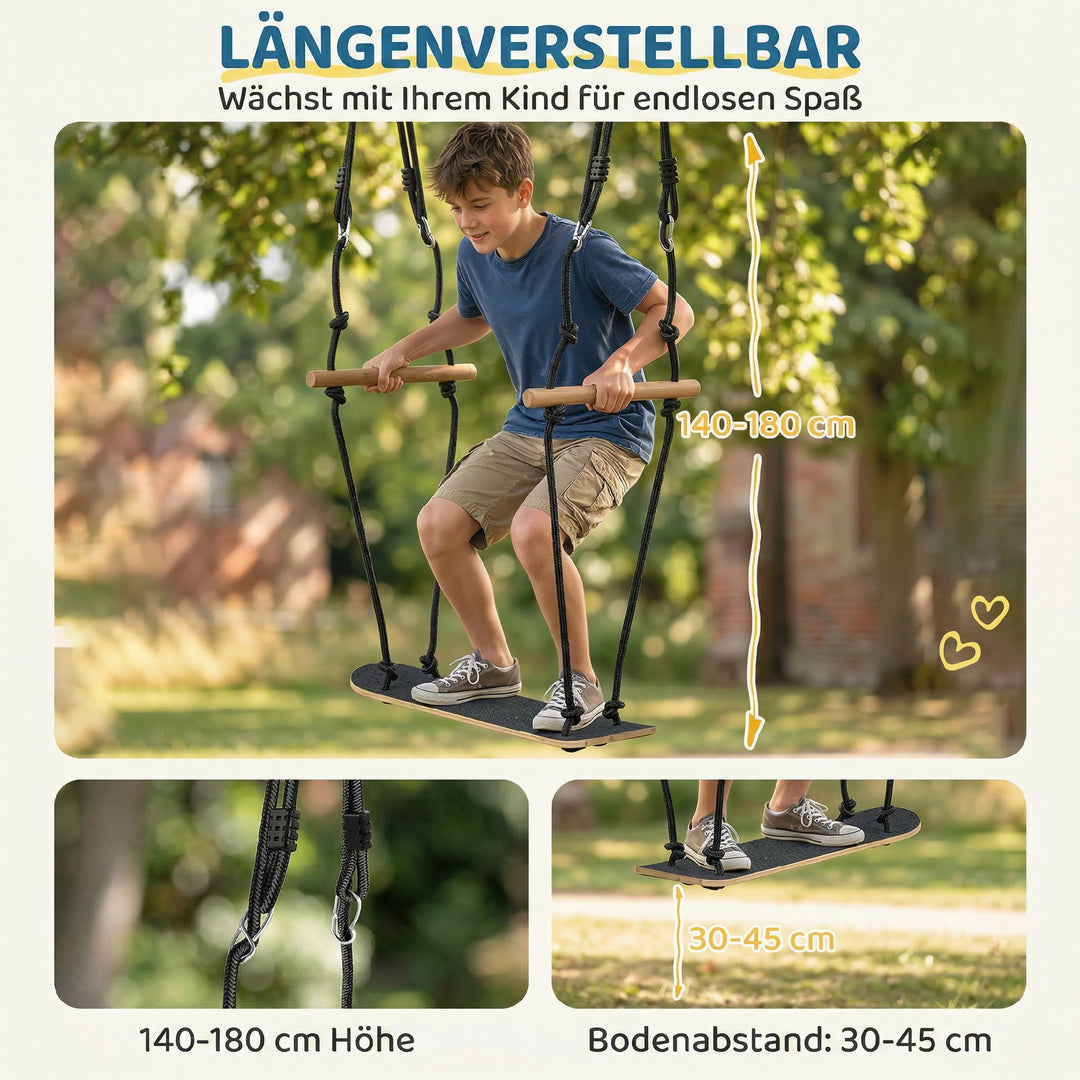 Skateboardgynge, børnegynge med justerbar højde, skridsikkert bræt, vejrbestandigt reb, håndtag, sort