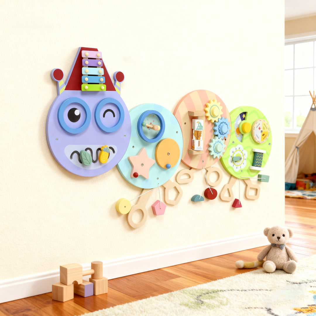 7-i-1 væglegetøj, xylofon, gear, larvedesign, MDF, 108 cm, farverig