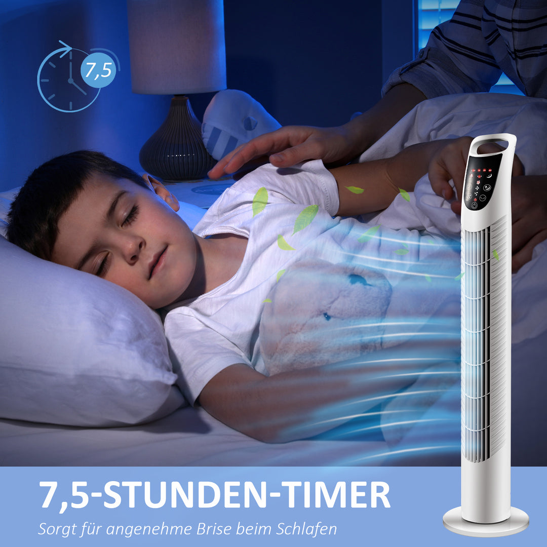 Tårnventilator, 3 tilstande, stille drift, timer, fjernbetjening, 18x78,5 cm, hvid