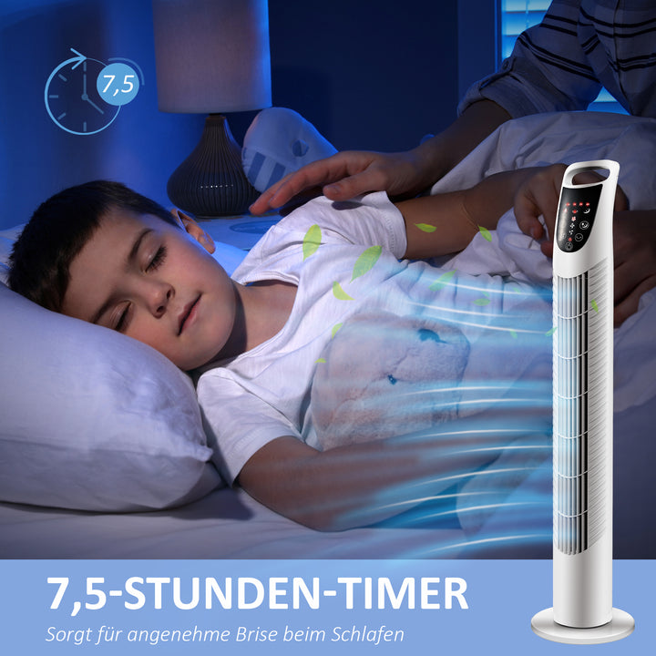 Tårnventilator, 3 tilstande, stille drift, timer, fjernbetjening, 18x78,5 cm, hvid