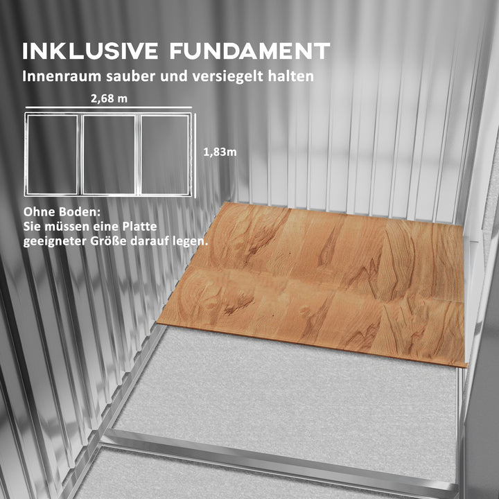 Haveskur, 2 skydedøre, 4 vinduer, vejrbestandig, metalhus, 2,7 x 1,9 x 1,9 m, brun